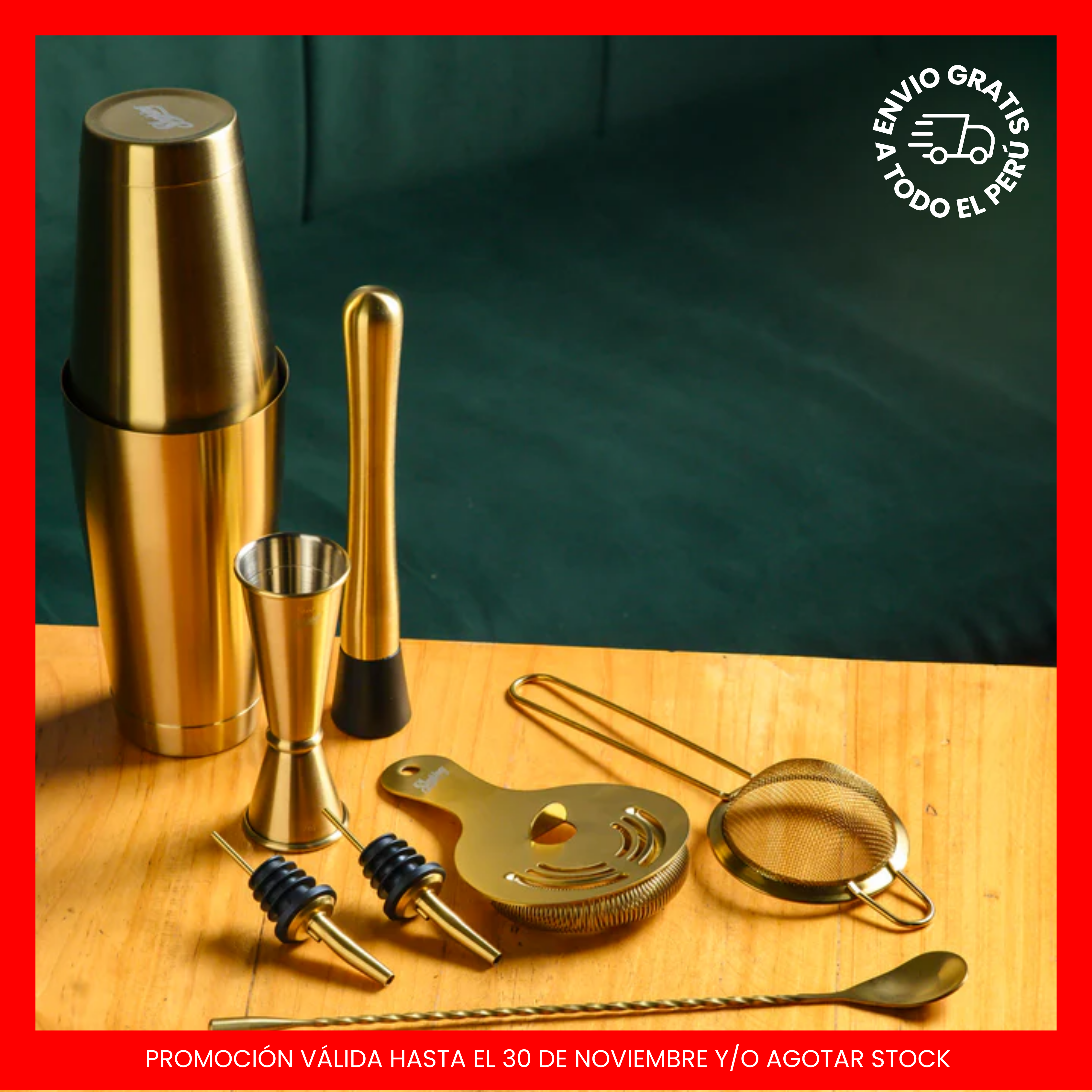 Set de Coctelería Completo Dorado - 8 piezas para Bar