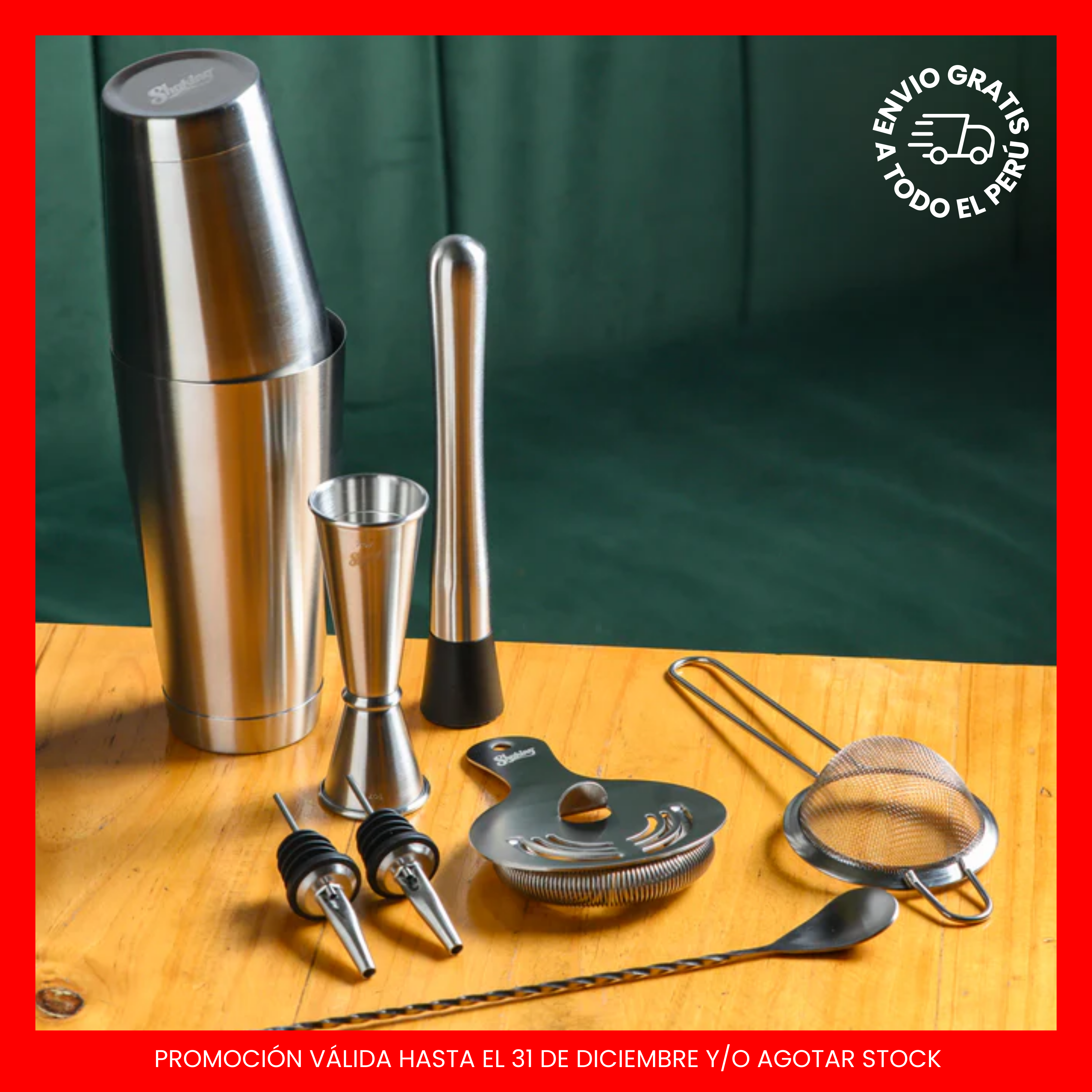 Set de Coctelería Completo Silver Matte - 8 piezas para Bar