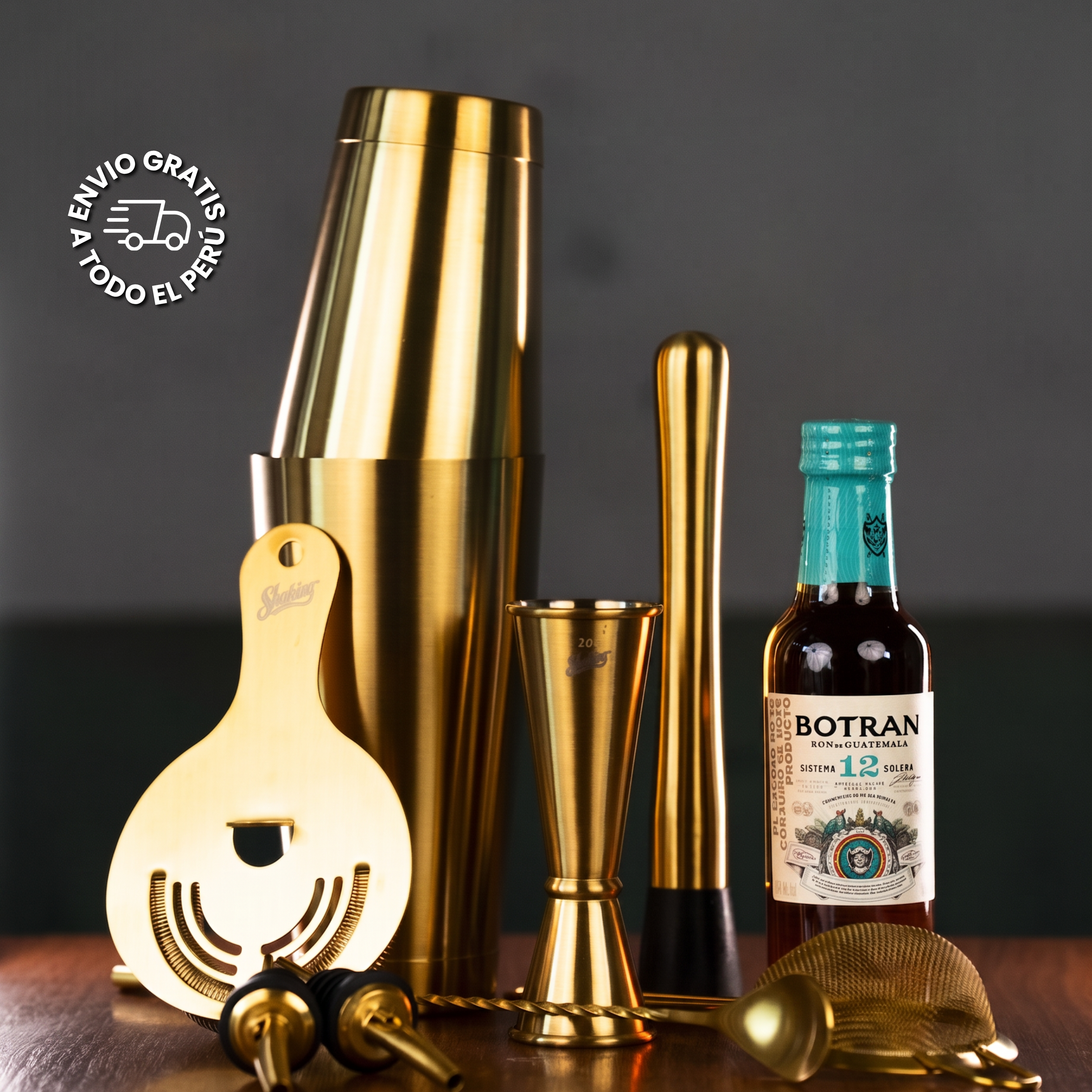 set de bar completo con coctelera, colador y accesorios 