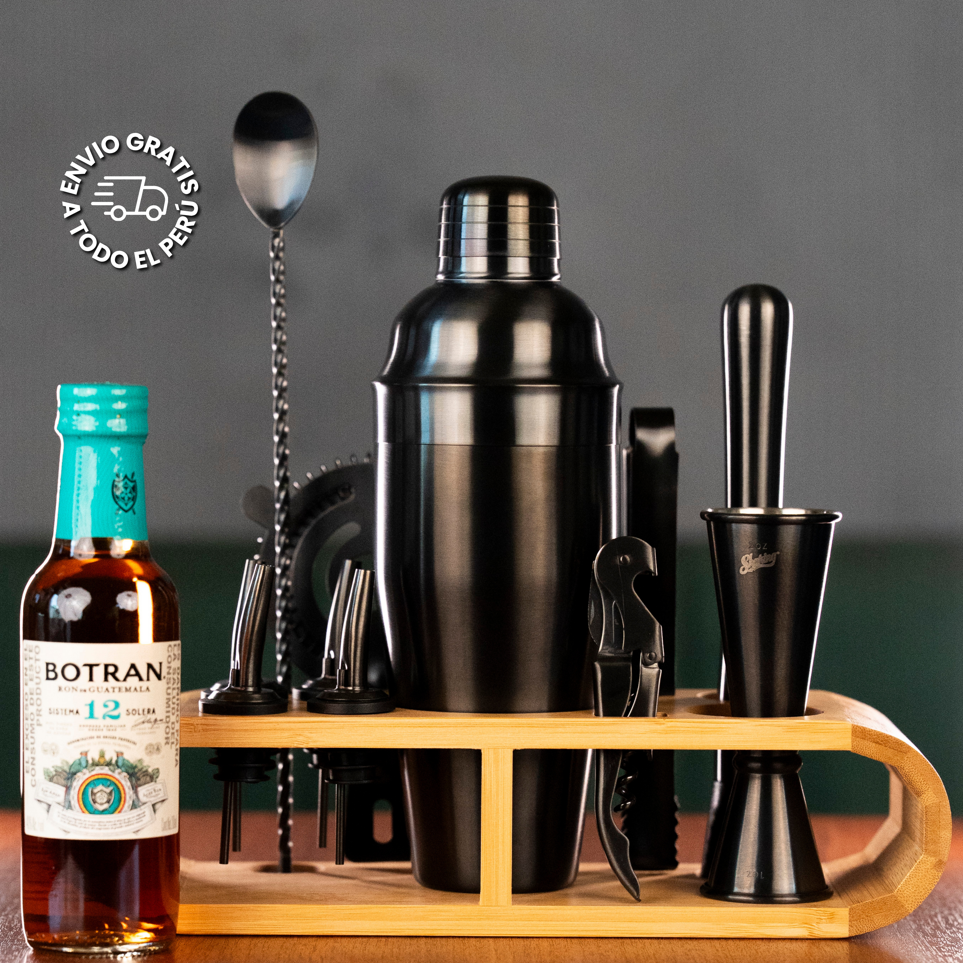 set de bar completo con coctelera, colador y accesorios para bartender