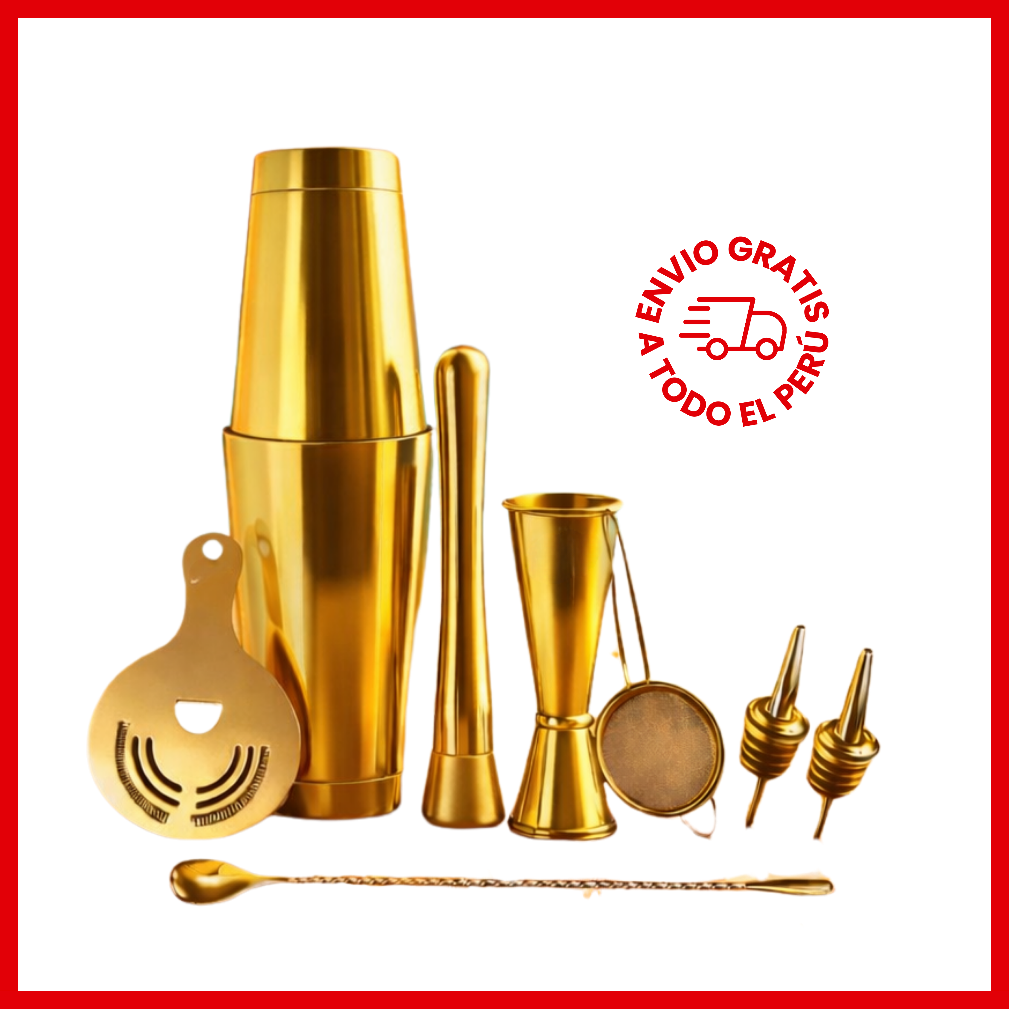 Set de Coctelería Completo Dorado - 8 piezas para Bar